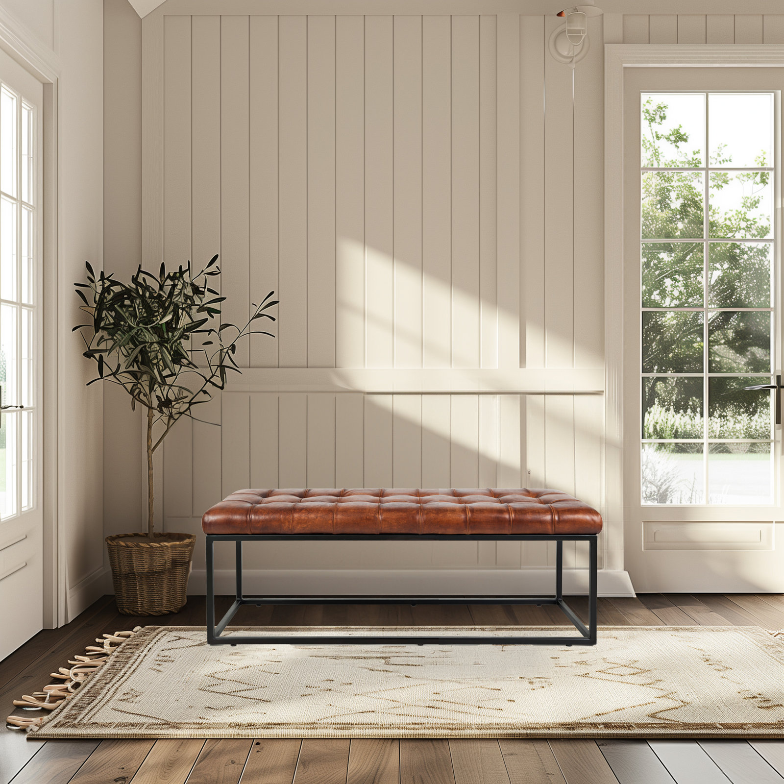 Pearson 50"-55" Tufted Genuine Leather Bench, Saddle Top Grain Leather, 17.5" H x 50" W x 17" D
