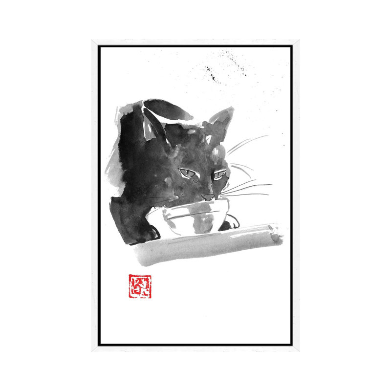 Drinking Cat by Péchane - Painting on Canvas, 66.04 cm H x 45.72 cm W, White Framed
