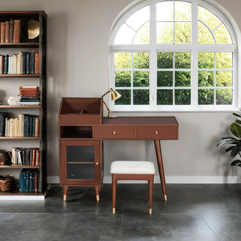 Space - Saving Walnut Dressing Table With Charging Function, Stool And Exquisite Craftsmanship For Compact Bedrooms Modern Desk 2 Drawers, Storage Cabinet, Station Glass Cabinet Door Areas