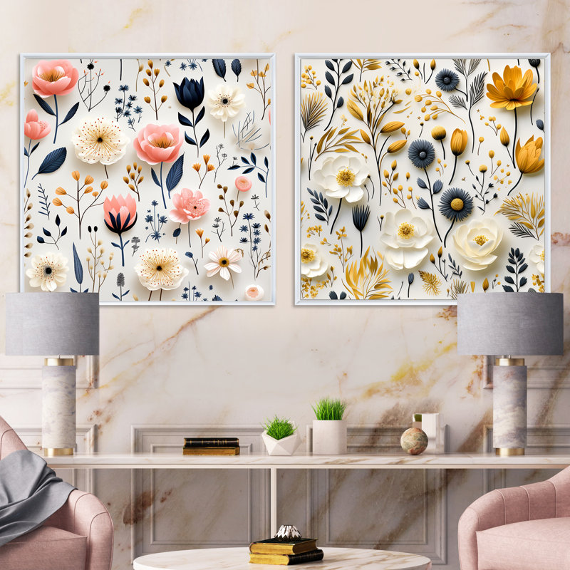 Ambrose - Ensemble de 2 collages carrés botaniques abstraits, Cadre flottant blanc, H 36 po x l 73 po