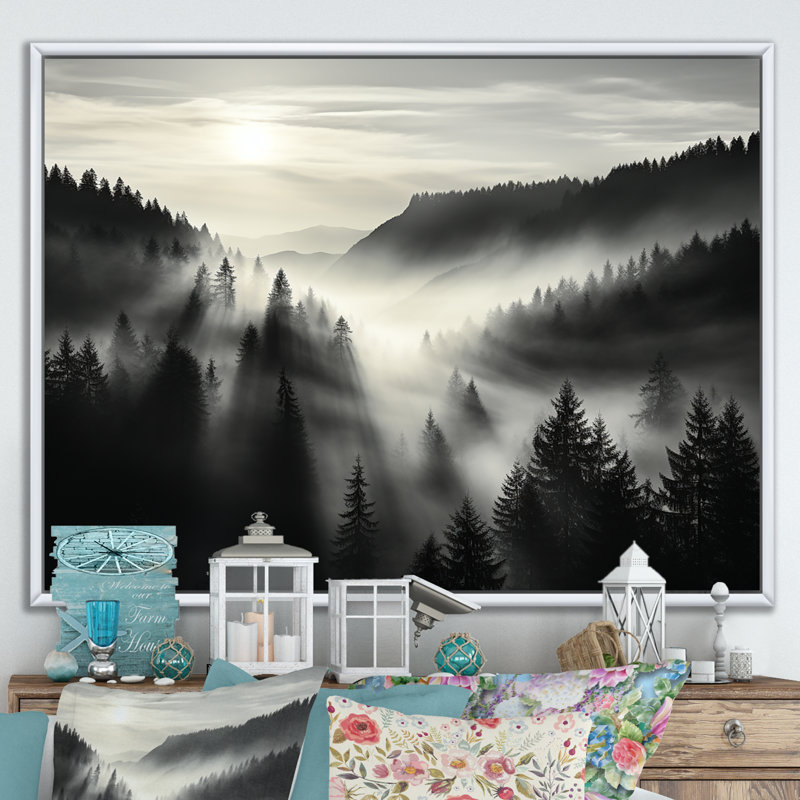 «Mysterious Misty Mountain Morning - Minimalisme», reproduction d'art sur toile, Cadre flottant blanc