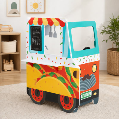 Teamson Kids Play Taco Truck Playset, Two-Sided Play Kitchen with Steering Wheel, Oven, Sink & Taco Accessories