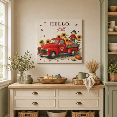 «Hello Fall», camion rouge sur toile tendue