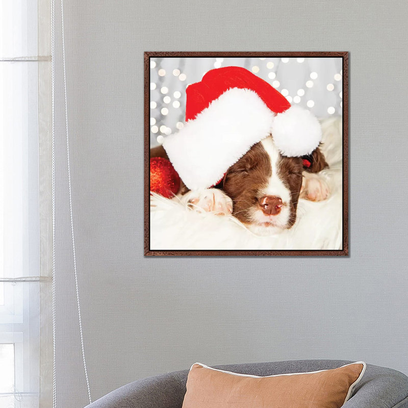 Puppy Wearing Santa Hat While Napping On II by Susan Richey - Gallery-Wrapped Canvas Giclée on Canvas, Classic Wood Framed