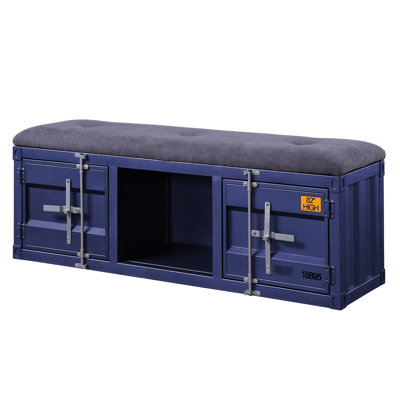 Banc de rangement moderne et industriel gris et bleu pour un espace de chambre fonctionnel avec verrou pratique