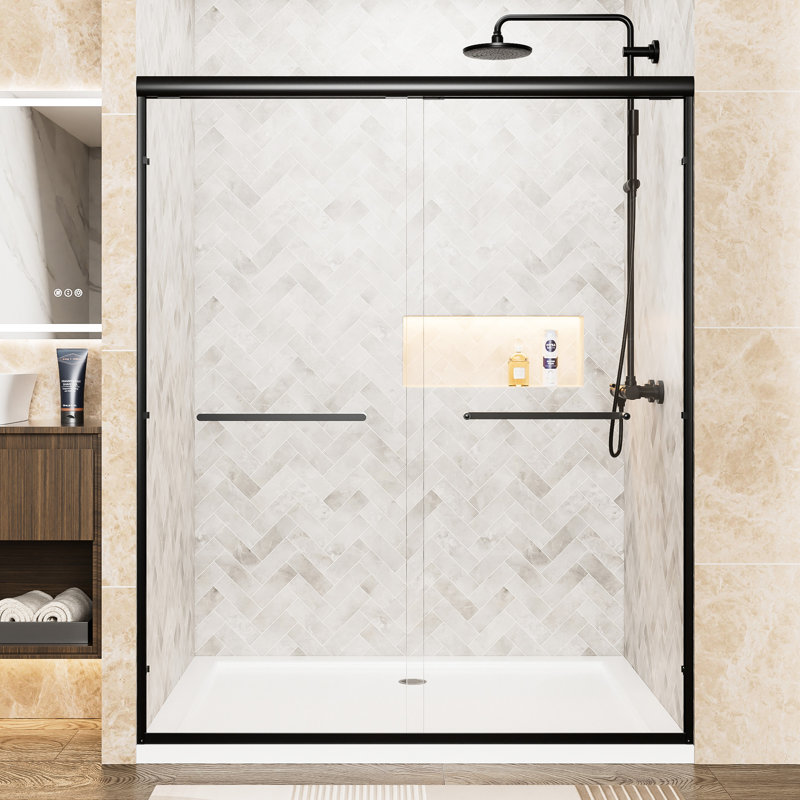 72" Tall 60" Wide Double Sliding Shower Door, 1/4"  6Mm  Clear Tempered Glass, Matte Black Aluminum Frame, Stainless Steel Handles, Width Can Be 56" - 60", Waterproof Function For Room, Scatter Film,