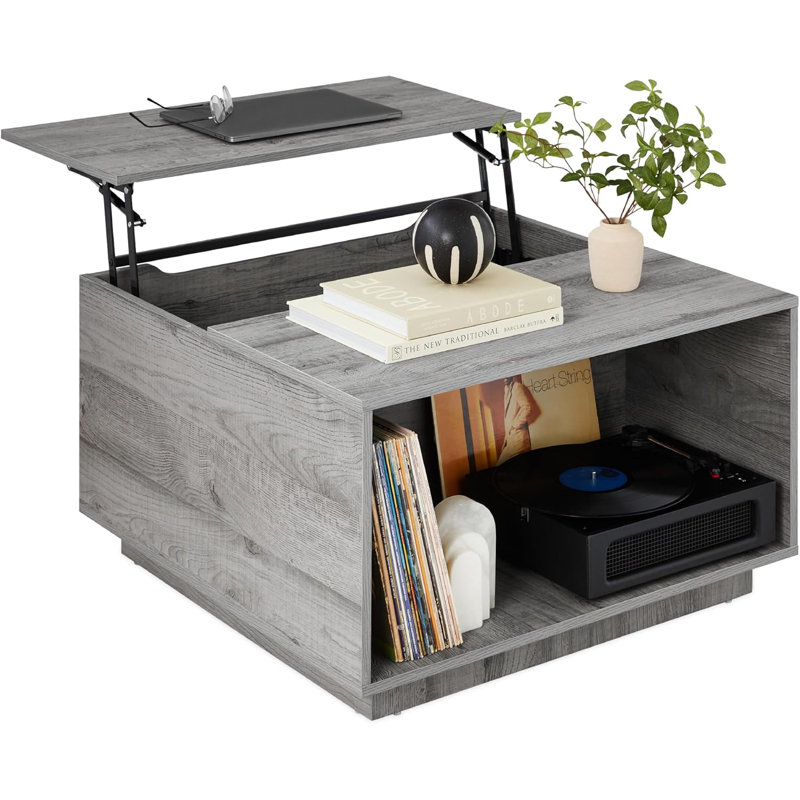 Gray Square Engineered Wood Lift-Top Coffee Table with Storage