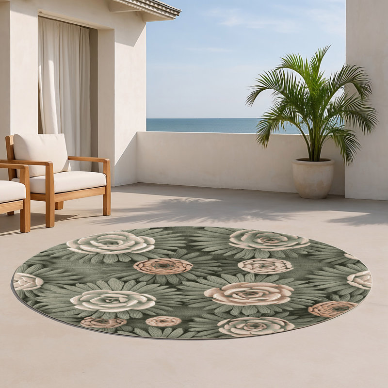 Tapis d'intérieur et d'extérieur brun Botanical, Rond 5 pi