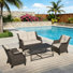 Ensemble de patio extérieur en osier pour 4 personnes avec causeuse, 2 chaises, table basse et coussin beige