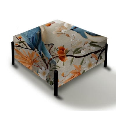 Blue And Beige Birds On Branch Collage - Floral Large Square Ottoman