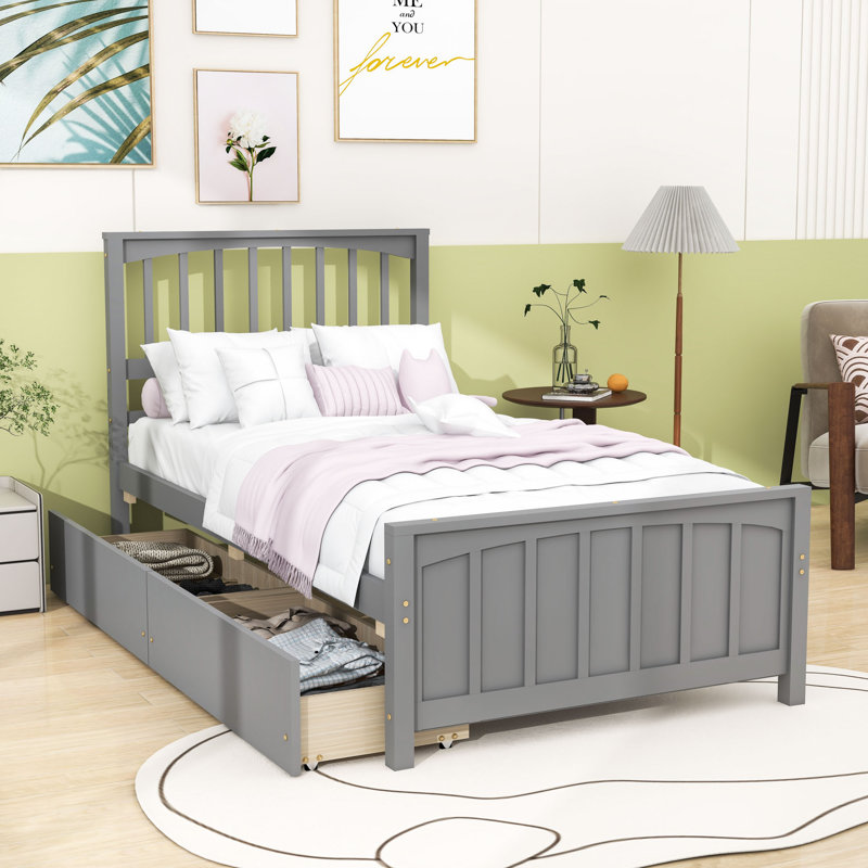 Lit plateforme simple en bois avec tiroirs de rangement et tête de lit, Gris