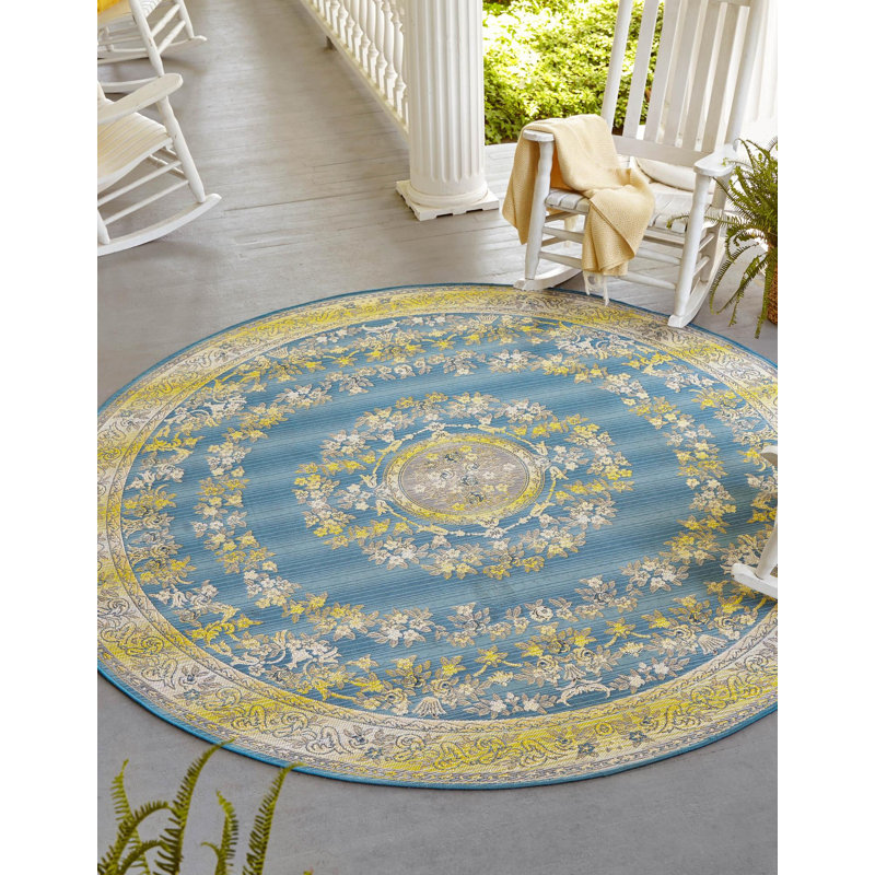 Tapis bleu intérieur / extérieur bleu Cahuita, Rond 7 pi 10 po