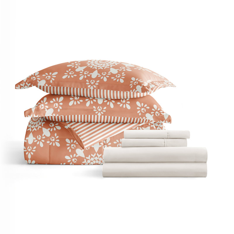 7 Piece Bedding Set - Comforter and Sheet Set, Édredon grand + 1 pièce supplémentaire, Floral orange