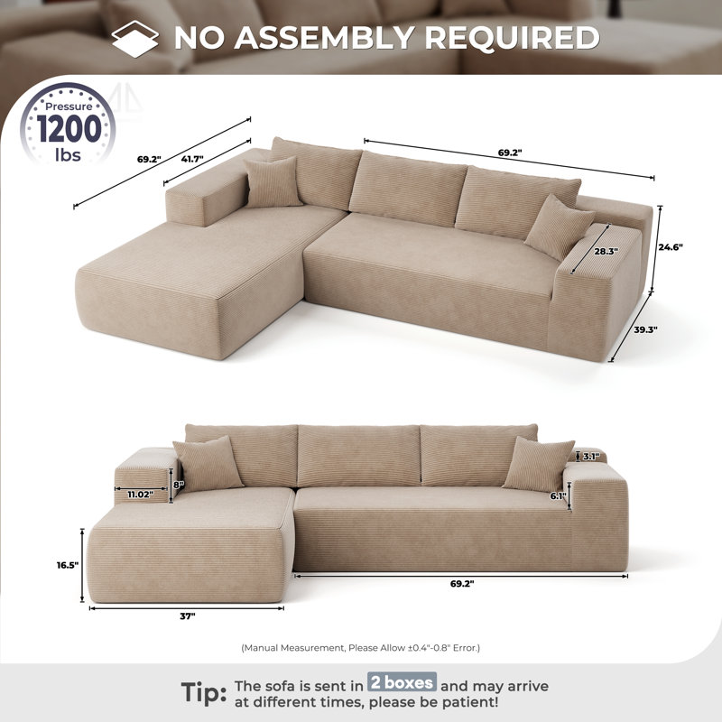 Viola 2 - Piece Upholstered Boneless Sectional, Beige, Left Hand Facing