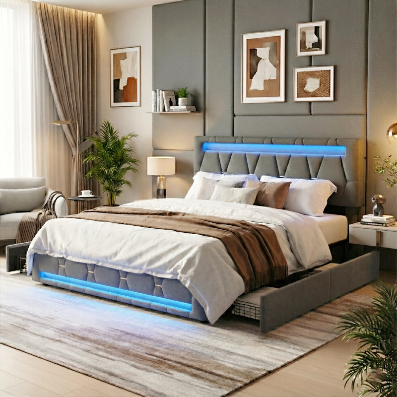 Storage Bed With 4 Drawers & Dual LED Lights, Upholstered Bed Frame With Adjustable Headboard, Grey Linen