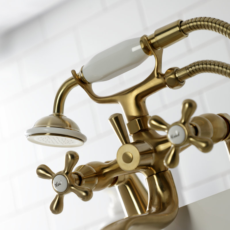 Robinet de baignoire sur pattes à 3 poignées et 2 poignées à fixation sur le comptoir avec douchette Kingston, Laiton brossé