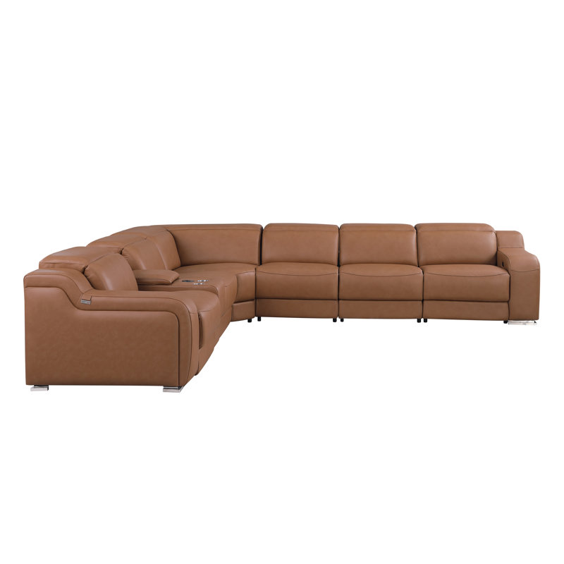Stanphill 7 - Piece Top Italian Grain Leather Power Reclining Sectional, Cognac Genuine Leather