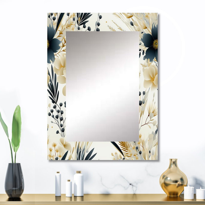 Neutral Greys Flowers Accents - botanical  Mirror, Botanical Unique Wall Mirror, Printed Metal Art, 32" x 24"