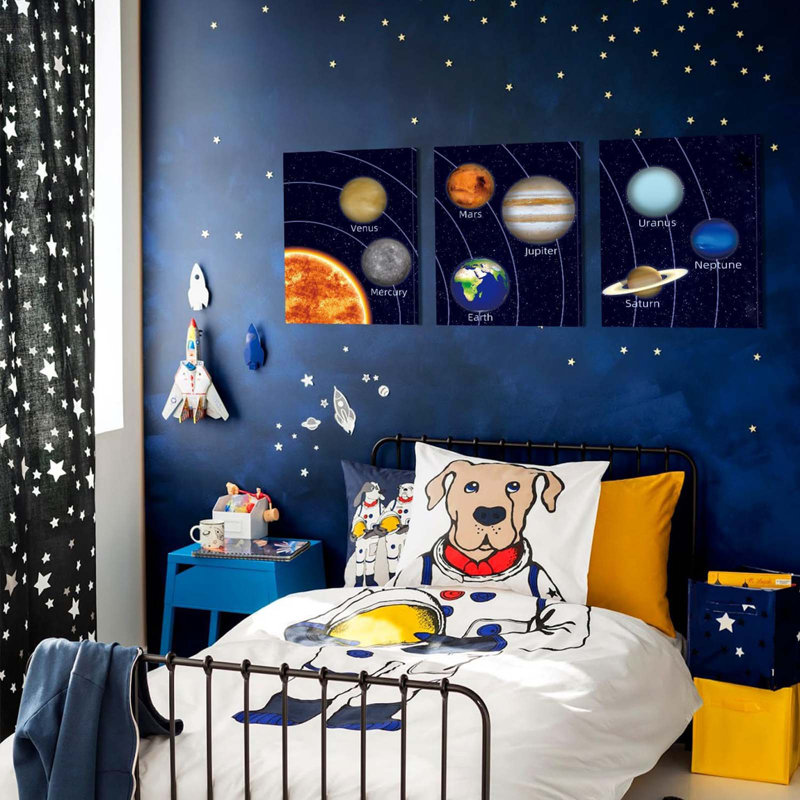 Space Room Decor Framed Outer Space Wall Art Set Of 3 (12X16inch) Kids Picture Planets Pictures Solar System Educational Teaching Poster For Room Nursery Children Playroom Decor 12X16 Inch