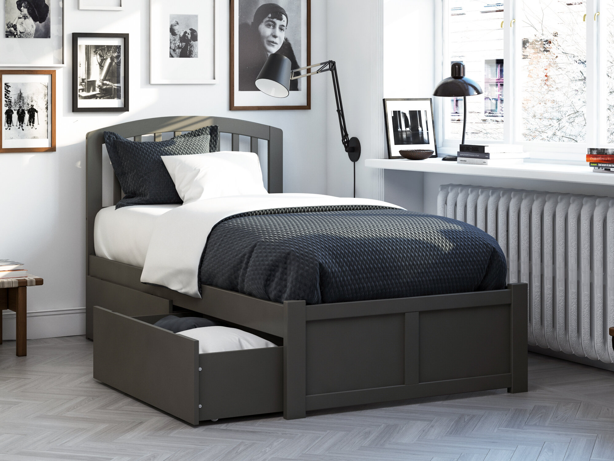 Florio Solid Wood Storage Platform Bed with Footboard and Under Bed Drawers