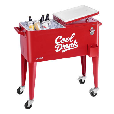 80 Quart Rolling Ice Chest on Wheels Patio Party Bar Drink Cooler Cart Red