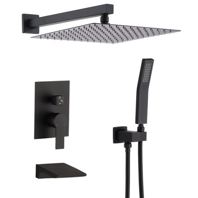Pomme de douche à effet de pluie 10 po et robinet de salle de bain équilibré - noir mat, fixation murale noire avec valve de 10 po