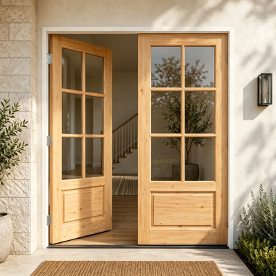 Solid Pine 6-Lite Glass Double Exterior Door with White Frame Silver Flush Bolt and Hinges Unfinished Front Entry French Door