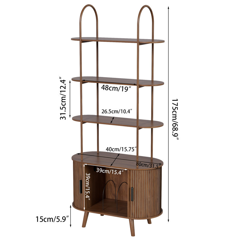 Bibliothèque à 4 niveaux, bibliothèque autoportante de 68,9 pouces avec armoire de rangement et porte coulissante, Noyer