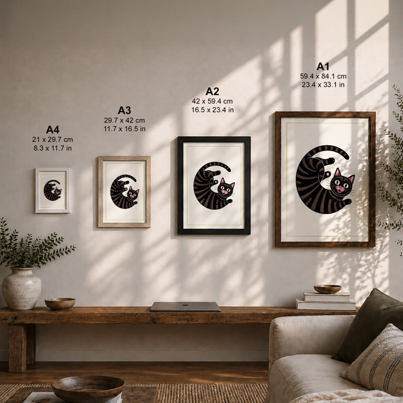 Striped Cat Crescent Retro - Framed Print, Unframed, A2 - 59.4 x 42.0 cm