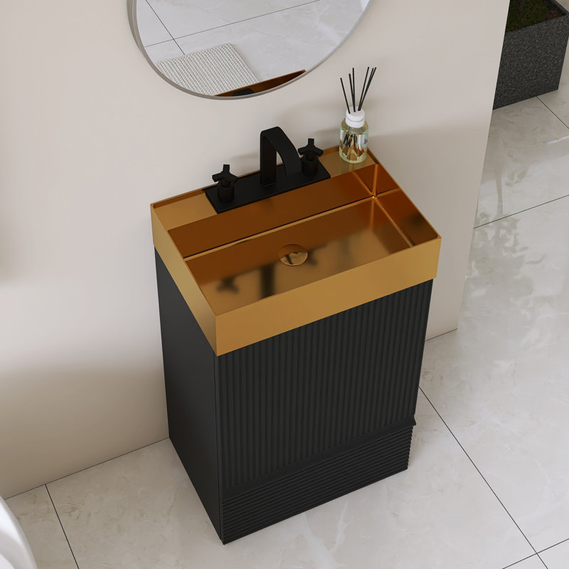 20'' Freestanding Single Bathroom Vanity With 304 Stainless Steel Top with Drain, Black
