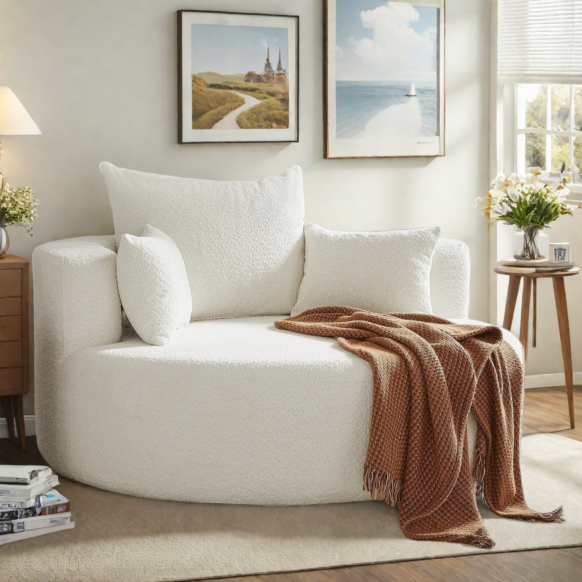 Latitude Run® 360° Swivel Accent Barrel Chair With 3 Removable Pillows ...