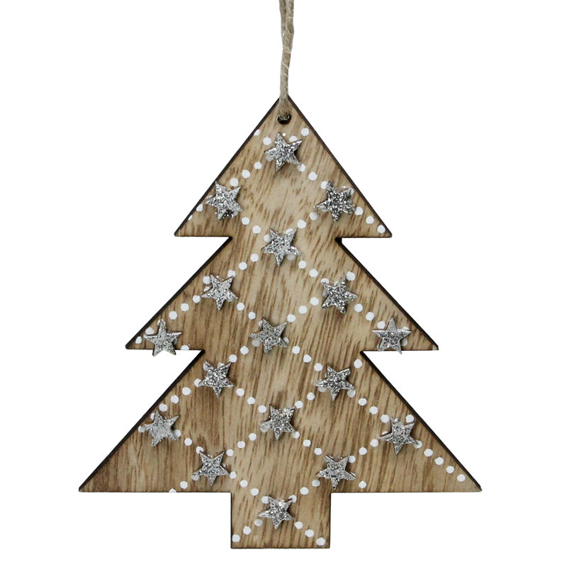 Ornement de Noël suspendu en bois 4,5 po brun et argent