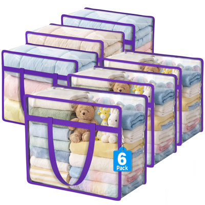 6 Pack Clear Storage Bags for Clothes, 45L Closet Organizers and Storage，Purple