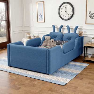 Blue Twin Kids Floor Bed with Bunny Pillow - Teddy Upholstered Frame & Removable Safety Rails
