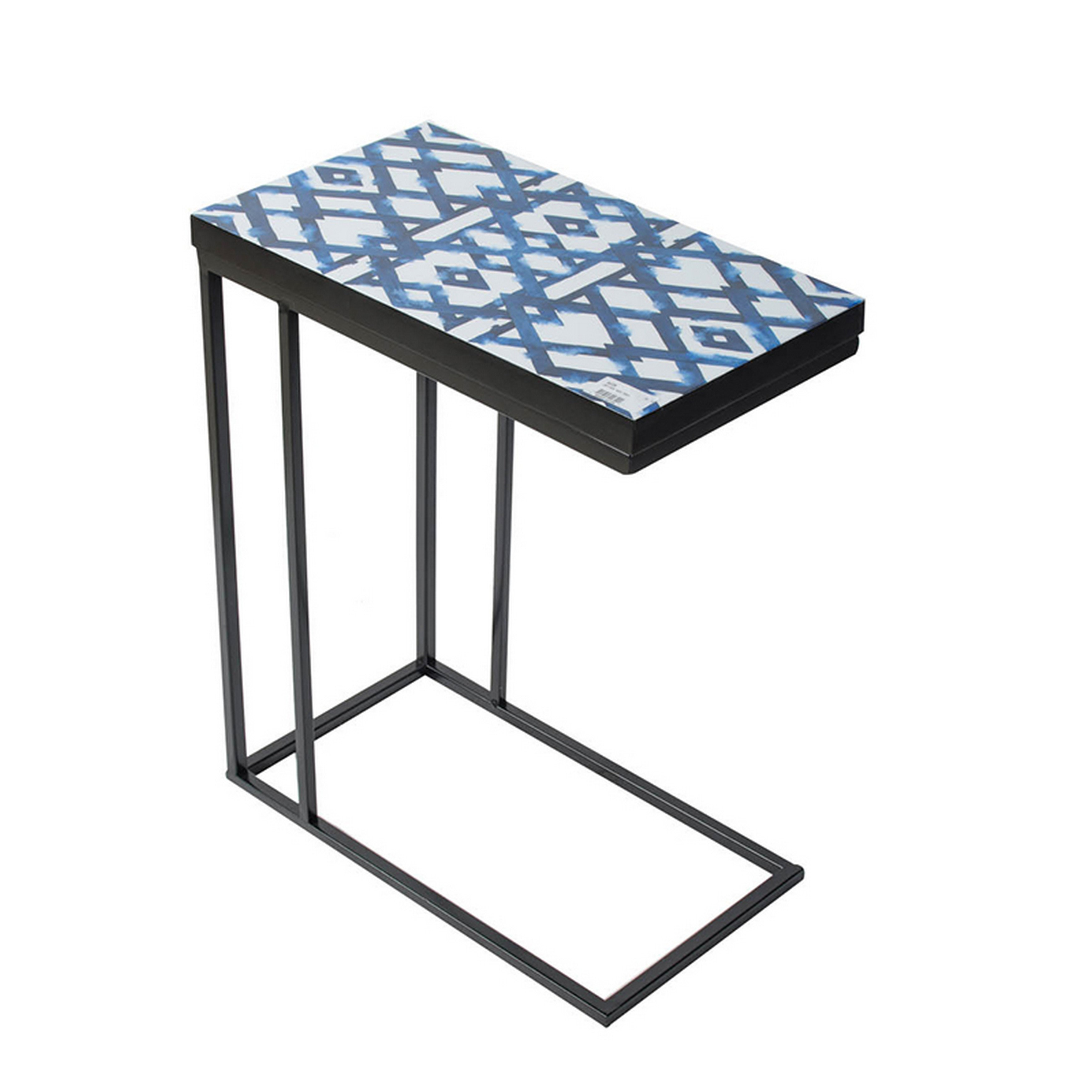 Latitude Run® 24 Inch Side Table, C Shaped, Indigo Patterned Top, Iron ...