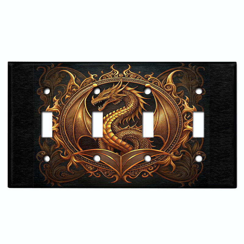 Couvercle de plaque d'interrupteur en métal; Bascule de dragon de taille standard US 4 - écusson du dragon, # 4 Quad bascule