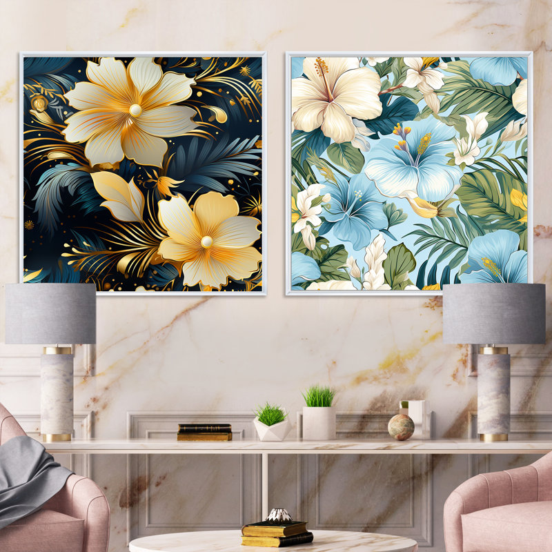 Portslade - Ensemble de 2 collages carrés floraux, Cadre flottant blanc, H 16 po x l 33 po