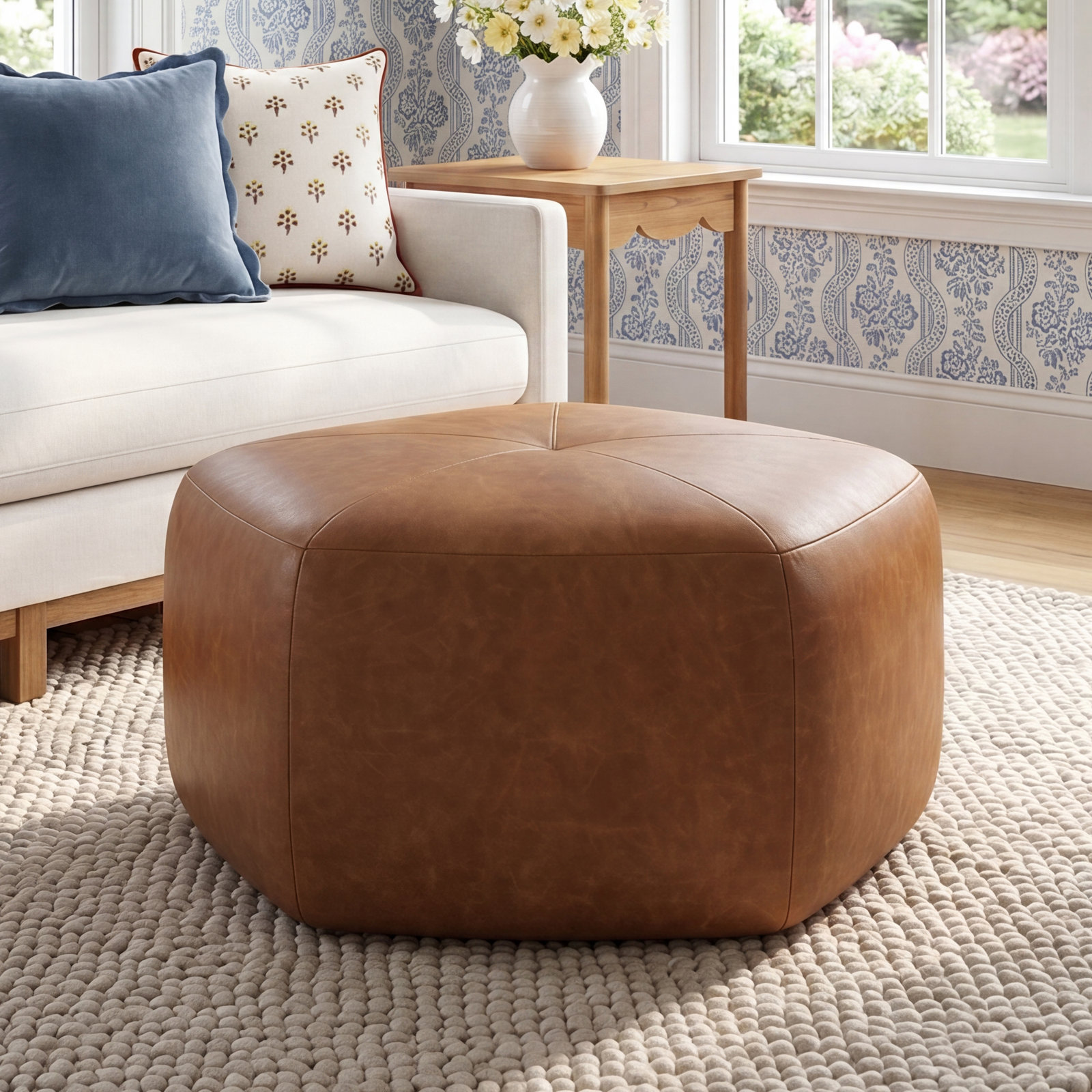 Felicia 37" Genuine Italian Leather Ottoman, Cognac Tan Genuine Leather