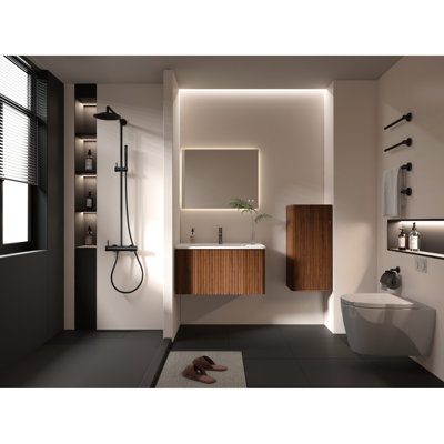 Bathroom Floating Side Cabinet, Striped Walnut Decoration, Push-open Doorway, Shelved Inside For Organization, Safe Curvy Outlook, Engineered Wood Manufactured Cabinet Unit, Look, Door, Interior