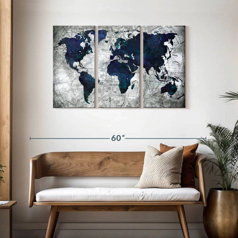 Ensemble de carte du monde sur toile 3 pièces, H 28 po x l 45 po x P 1,25 po