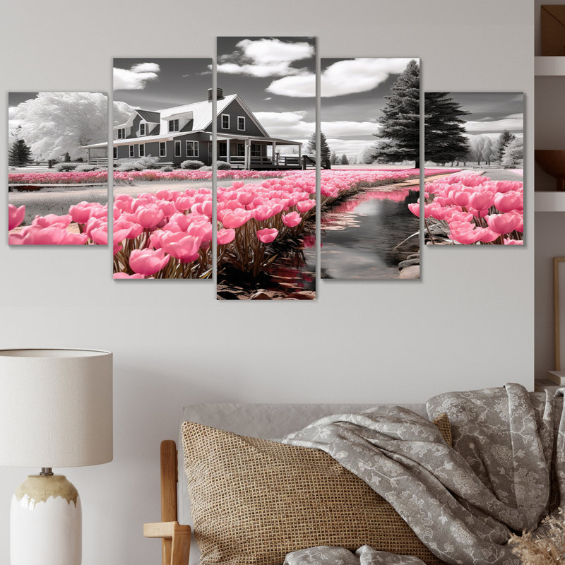 «Pink Farmhouse Frontyard Oasis», ensemble d'art mural en métal Farm