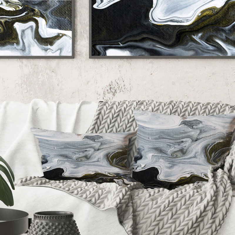 Coussin décoratif noir et blanc à motif d'art abstrait en marbre noir