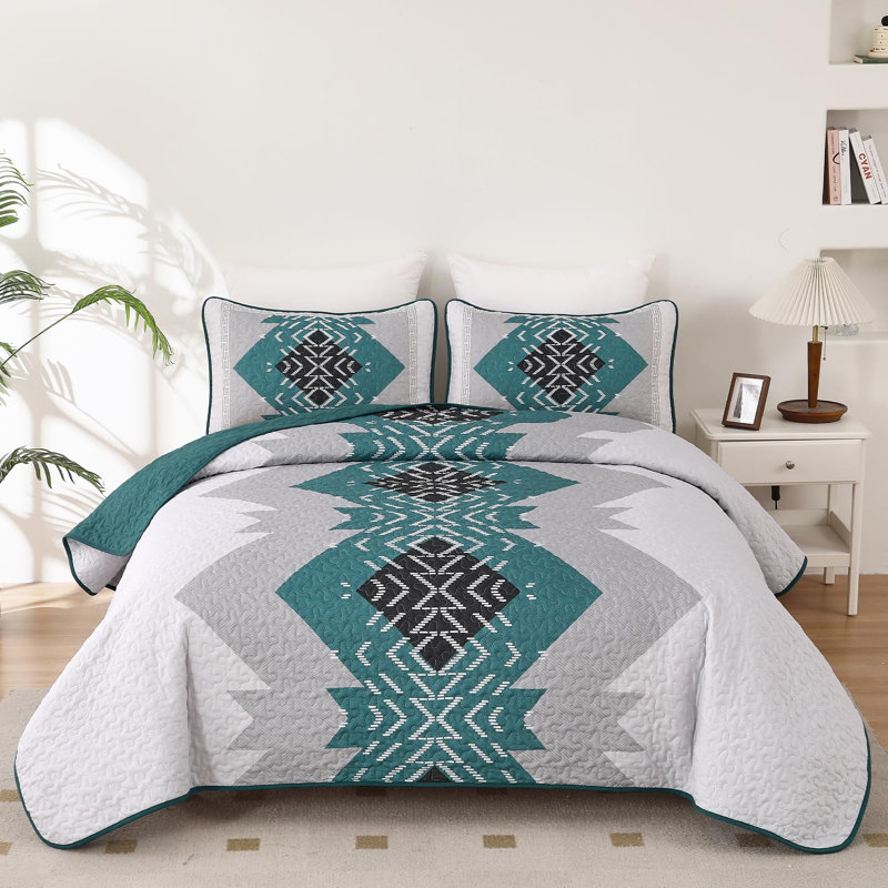 3-Piece Boho Aztec Western Quilt Set Textured Bedspread Coverlet with Pillowcases for All Seasons, King Quilt + 2 Pillowcases