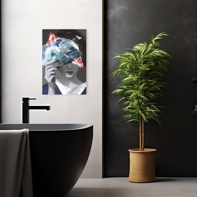 Geisha Koi Fan Dream Elegant Surreal Traditional Fish Portrait Wall Art Print 1 Piece Wrapped Canvas Wall Art