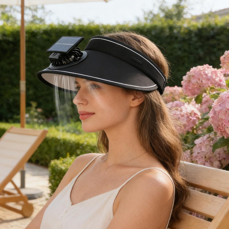 Chapeau de ventilateur à protection solaire et de refroidissement solaire à 3 vitesses réglable, Black