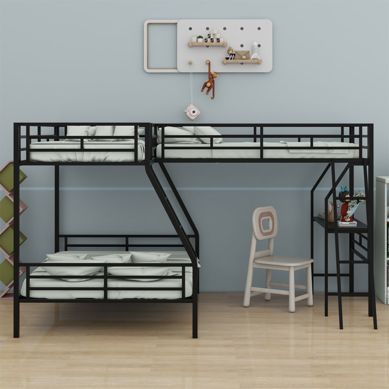 Lit superposé en métal avec lit mezzanine attaché et bureau