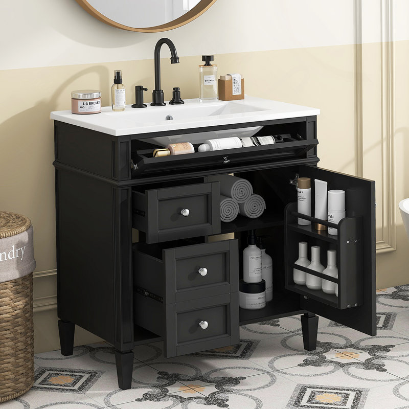 Meuble-lavabo de salle de bain 30 po avec lavabo supérieur, meuble-lavabo moderne avec 2 tiroirs et tiroir basculant, meuble-lavabo simple