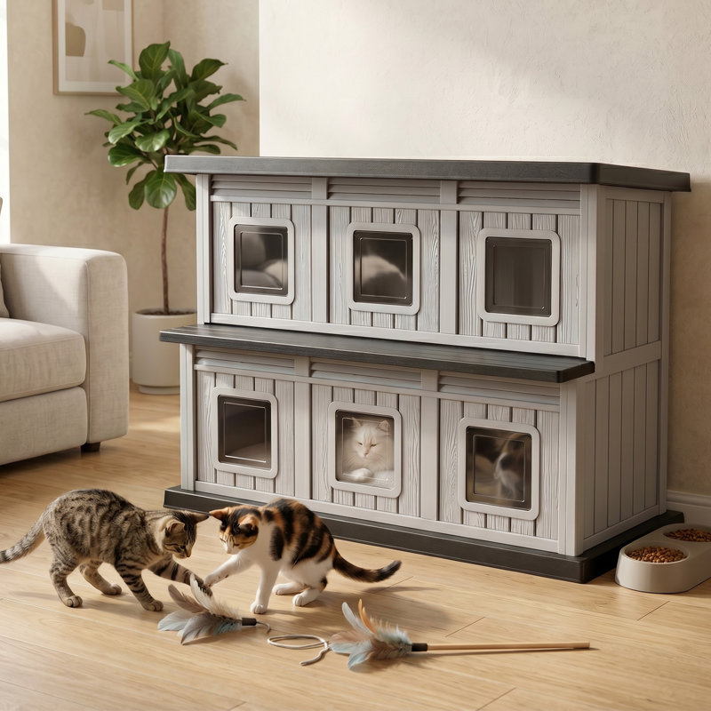 Maison pour chat à deux étages avec plateforme spacieuse (noir), Black/Grey