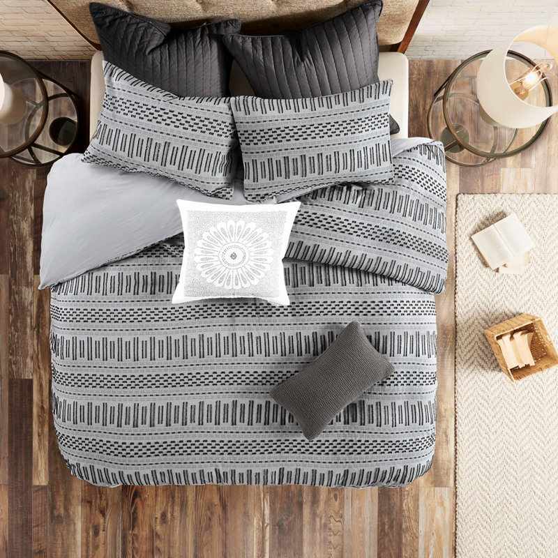 Édredon 100% coton très captivant gris / noir, Édredon très grand + 2 taies décoratives, Gris / Noir
