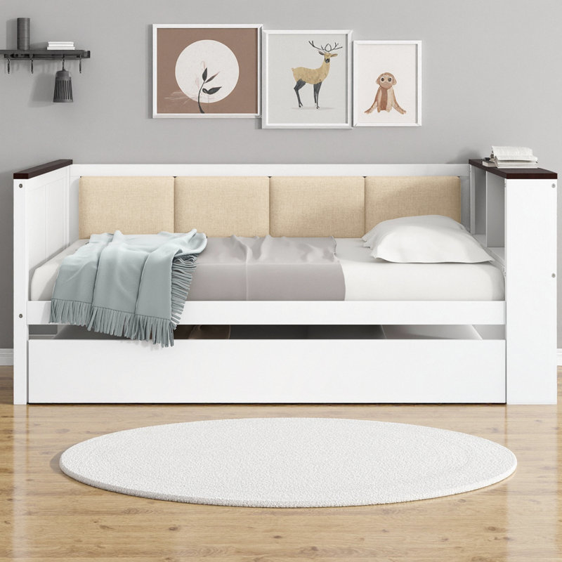 Lit de jour en bois avec lit gigogne et tablettes de rangement, dossier rembourré avec station de charge USB, structure en pin massif blanc pour la chambre à coucher, la chambre d'amis ou le bureau, aucun sommier nécessaire
